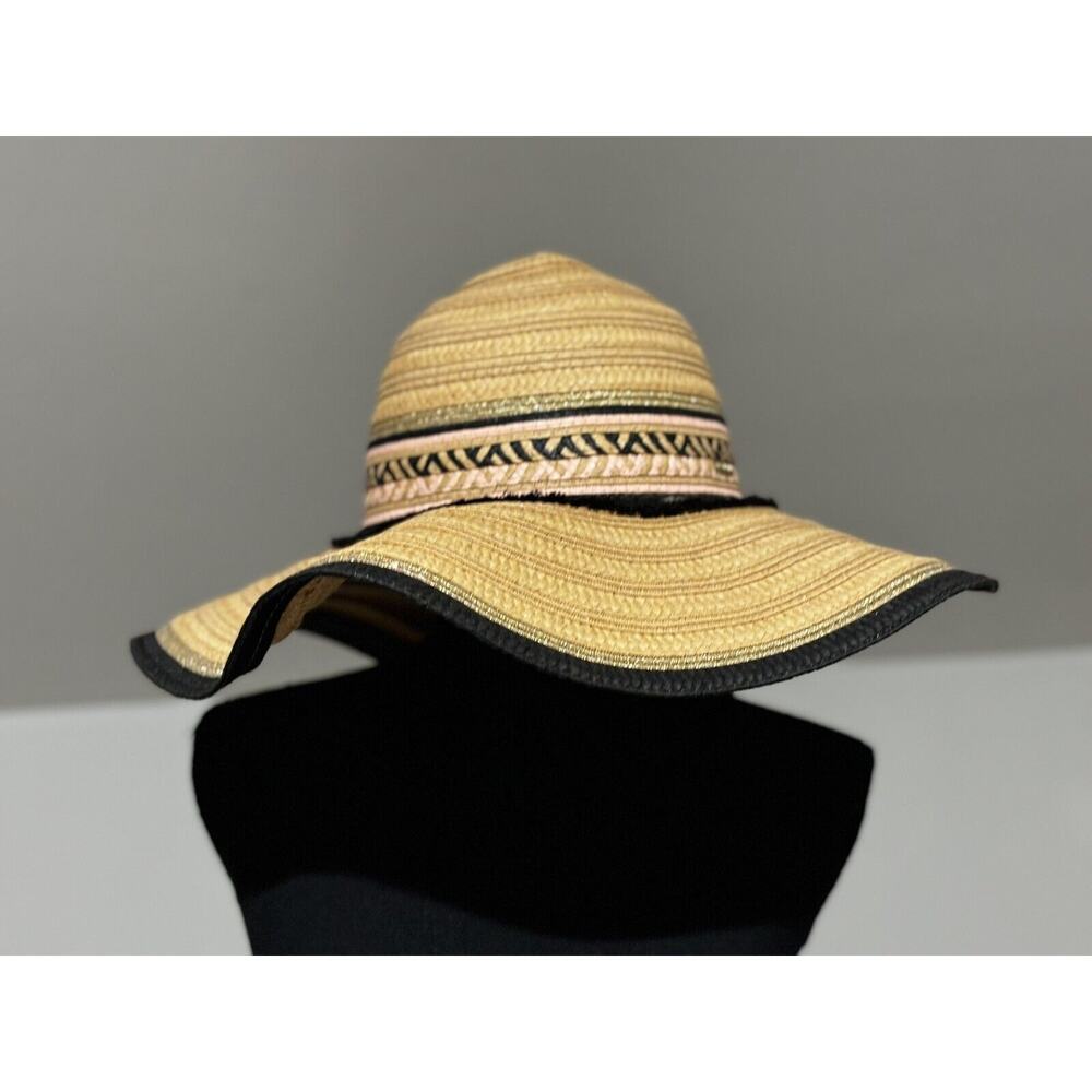 Steve Madden Woven Yarn Textured Striped Floppy Wide Brim Sun Hat OS travel Boho